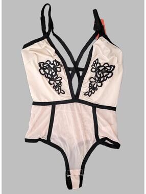 Women's Bodysuit Medium Nude Black Lace Mesh Teddy Sexy Lingerie Strappy - NEW
